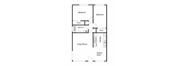 A floor plan of a house with two bedrooms, a living room, a kitchen, a bathroom, and a dining area.