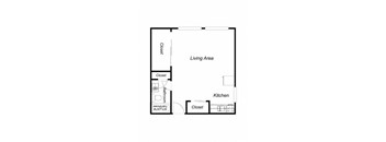 A floor plan of a small apartment with a living area, kitchen, and bathroom.