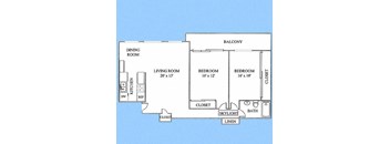 A floor plan of a house with a living room, two bedrooms, a balcony, a dining room, a kitchen, a bathroom, a skylight, and a linen closet.