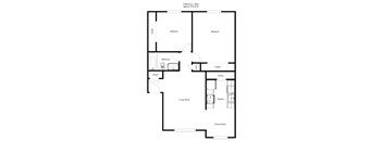 A black and white image of a floor plan for a 2 bedroom, 2 bathroom apartment.