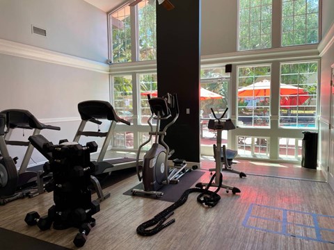 A gym room with a variety of equipment including a treadmill, stationary bike, and weights.