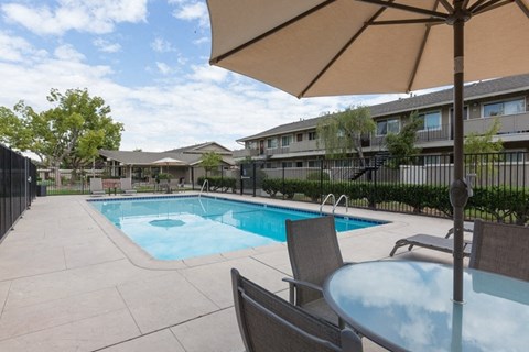A patio with a table and chairs overlooking a pool.