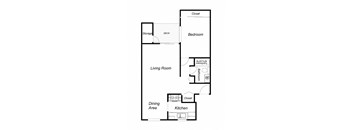 A floor plan of a house with a living room, dining area, kitchen, bedroom, and bathroom.