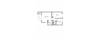 A floor plan of a house with a living room, two bedrooms, a kitchen, a bathroom, and storage.