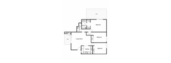 A floor plan of a house with a living room, kitchen, and three bedrooms.