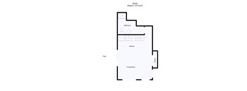 A floor plan of a studio apartment with a living room, kitchen, bathroom and patio.