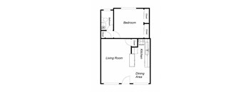 A floor plan of a small apartment with a bedroom, living room, kitchen, and dining area.