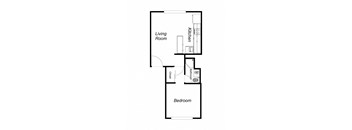 A floor plan of a small apartment with a living room, kitchen, and bedroom.