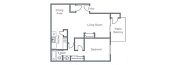 A floor plan of a home showing a dining area, living room, kitchen, bath, bedroom and patio.