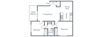 A floor plan of a house with an entry, dining area, living room, kitchen, and two bedrooms.