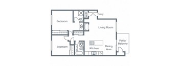 A floor plan of a home with two bedrooms, a living room, a kitchen, a dining area, a bathroom, and a patio/balcony.