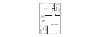A floor plan of a small apartment with a bedroom, a living room, a dining area, and a kitchen.