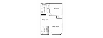 A floor plan of a small apartment with a bathroom, bedroom, living room, and kitchen.