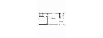 A floor plan of a small apartment with a living room, dining area, kitchen, and two bedrooms.