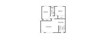 A floor plan of a house with two bedrooms, a living room, a dining area, and a kitchen.