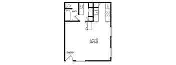 A black and white drawing of a living room with an entry way.