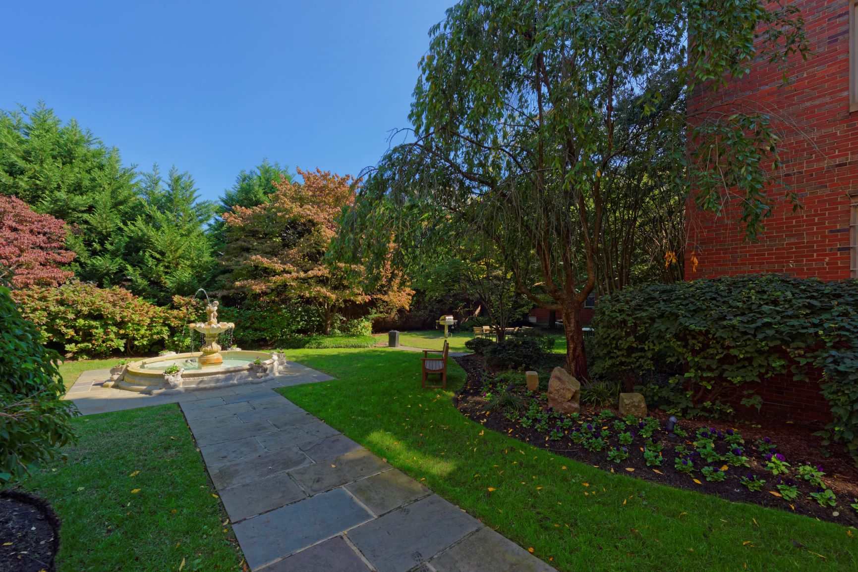 Courtyard with fountain and path at Cathedral Mansions, Washington, DC