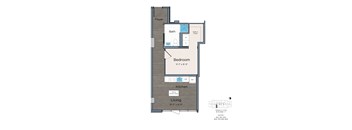 A floor plan of a living space with a bedroom, bathroom, and kitchen.