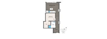 A floor plan of a small apartment with a kitchen, living room, bedroom, bathroom, and foyer.