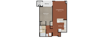 A floor plan of a home with a living/dining area, kitchen, bath, bedroom, and walk-in closet.