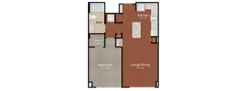 A floor plan of a house with a kitchen, living/dining area, bedroom, and bathroom.