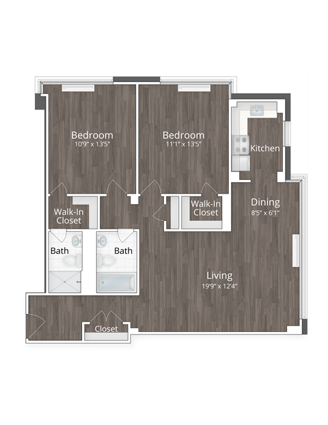 2 Bed 1 Bath Floor Plan at 1500 Arlington, Arlington, VA, 22209