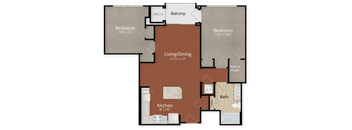 A floor plan of a home with two bedrooms, a living/dining area, a kitchen, a bath, and a walk-in closet.