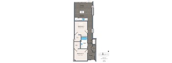 A floor plan of a one bedroom apartment with a living room, kitchen, and two bathrooms.