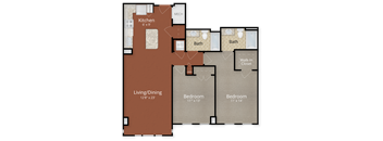 A floor plan of a house showing a kitchen, living room, two bathrooms, a walk-in closet, and two bedrooms.