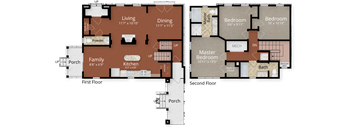 A floor plan of a two-story house with a living room, dining room, kitchen, two bedrooms, a master bedroom, and a porch.