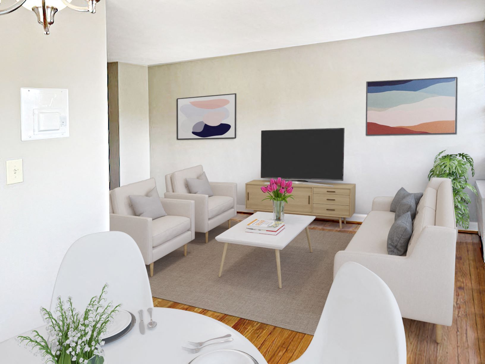 Apartment living and dining area (virtually staged) at Mason Hall in Alexandria, VA 22314