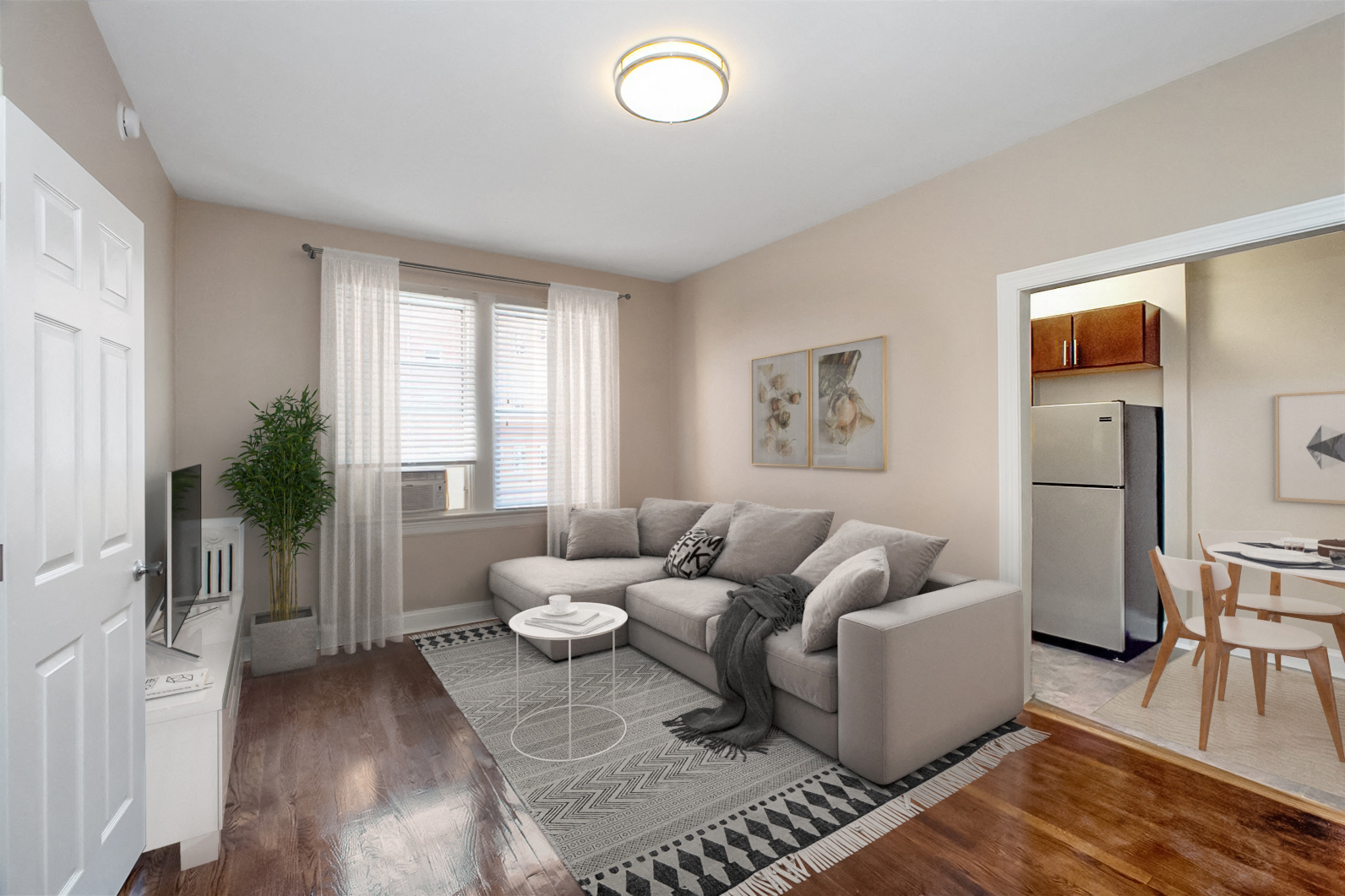 Apartment living and kitchen (virtually staged) at 1630 Park, Washington, DC, 20010