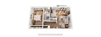 a rendering of the 1 bedroom floor plan with the living room