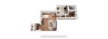 a stylized view of a 1 bedroom floor plan with a kitchen and living room