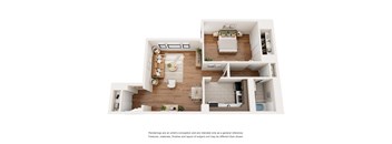 a stylized 3d floor plan of a 1 bedroom apartment