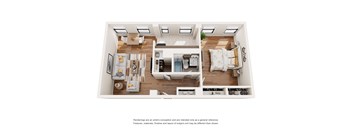 a stylized floor plan with a bedroom and living room