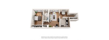 a stylized 3d floor plan of a 1 bedroom apartment