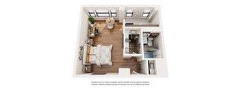 a stylized floor plan of a 1 bedroom apartment