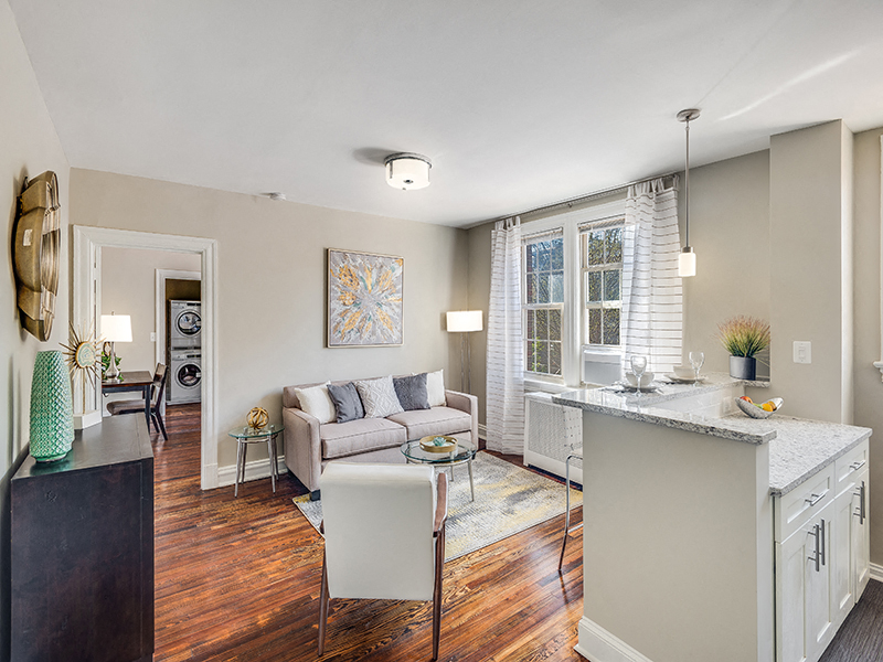 a living room with a kitchen and a couch