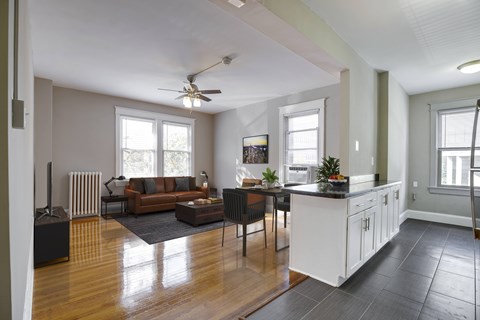 Renovated two-bedroom apartment living area at 4115 Wisconsin Avenue Apartments in Tenleytown, NW, Washington, DC 20016