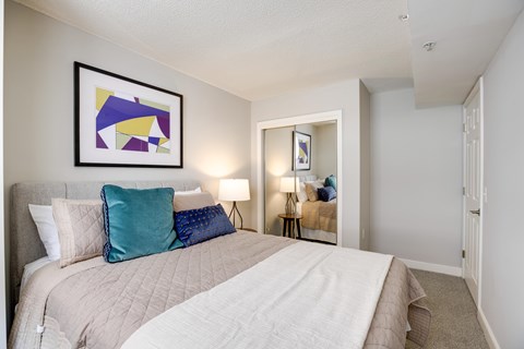 A model bedroom at West End Residences, Washington 20037