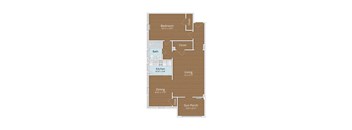 A floor plan of a house with a bedroom, bath, kitchen, dining area, living room, and sun porch.