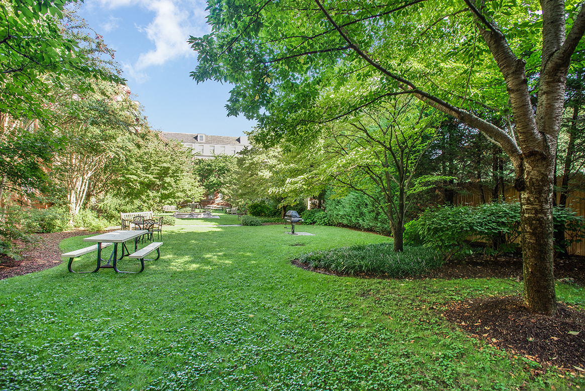 Courtyard with grilling area and seating at Cathedral Mansions, Washington
