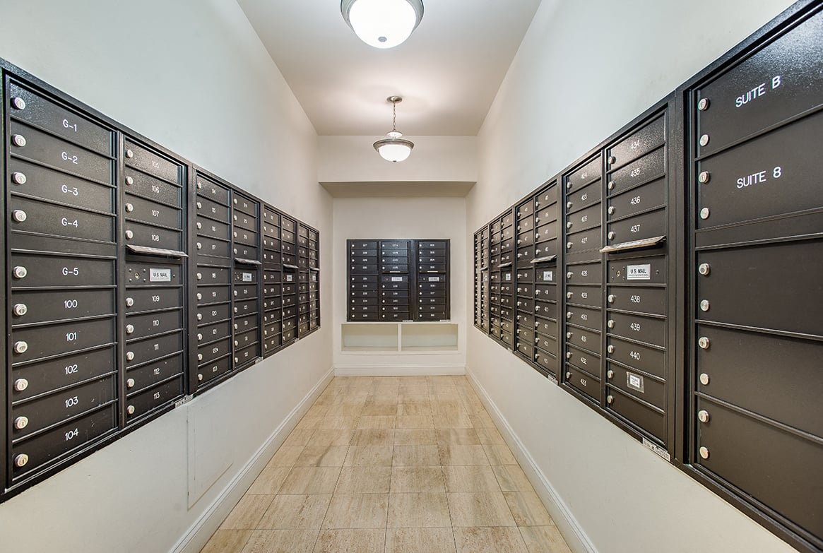 Mail room with post boxes at Cathedral Mansions, Washington, Washington