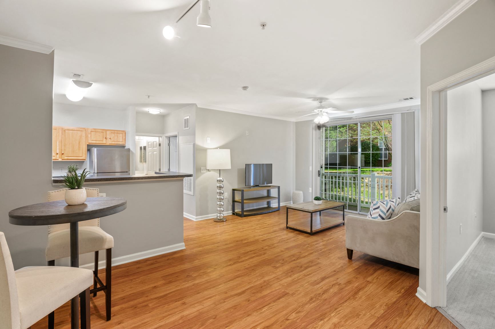 a living room with a couch and a table