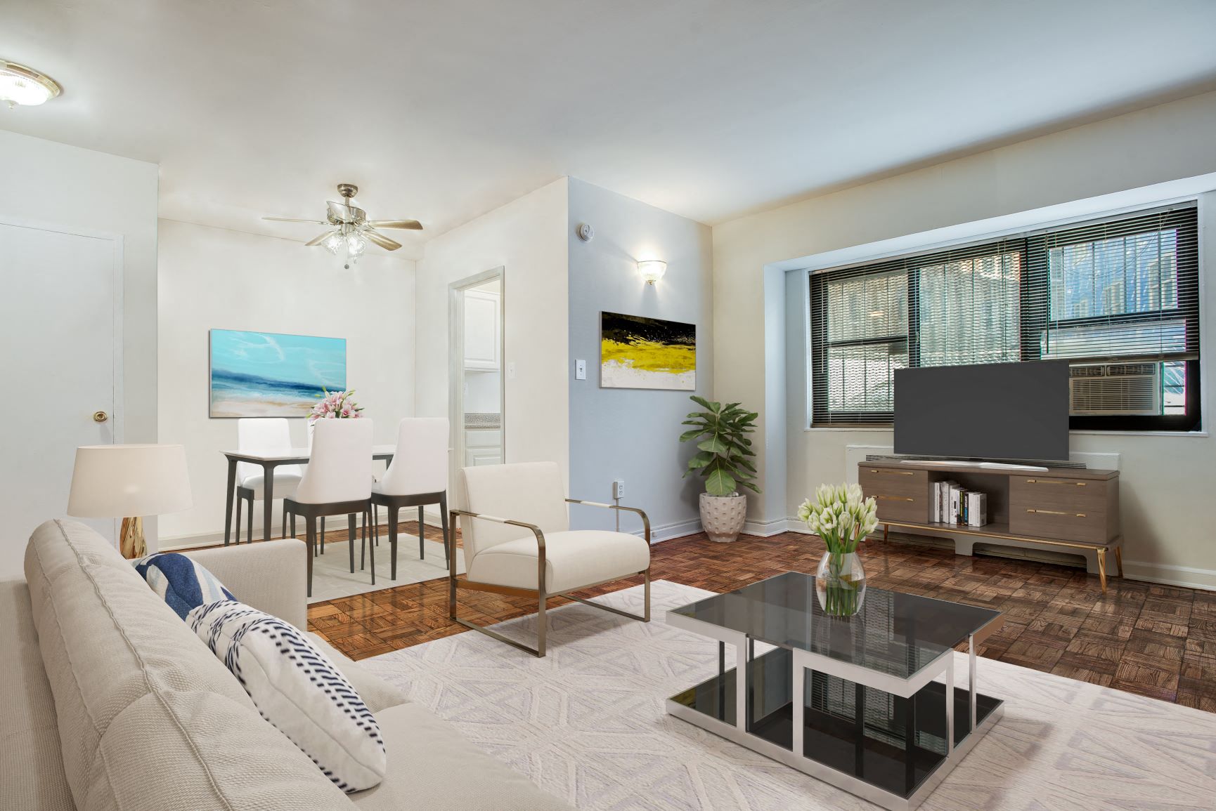 One-bedroom apartment living and dining area (virtually staged) at Diplomat, Washington, Washington