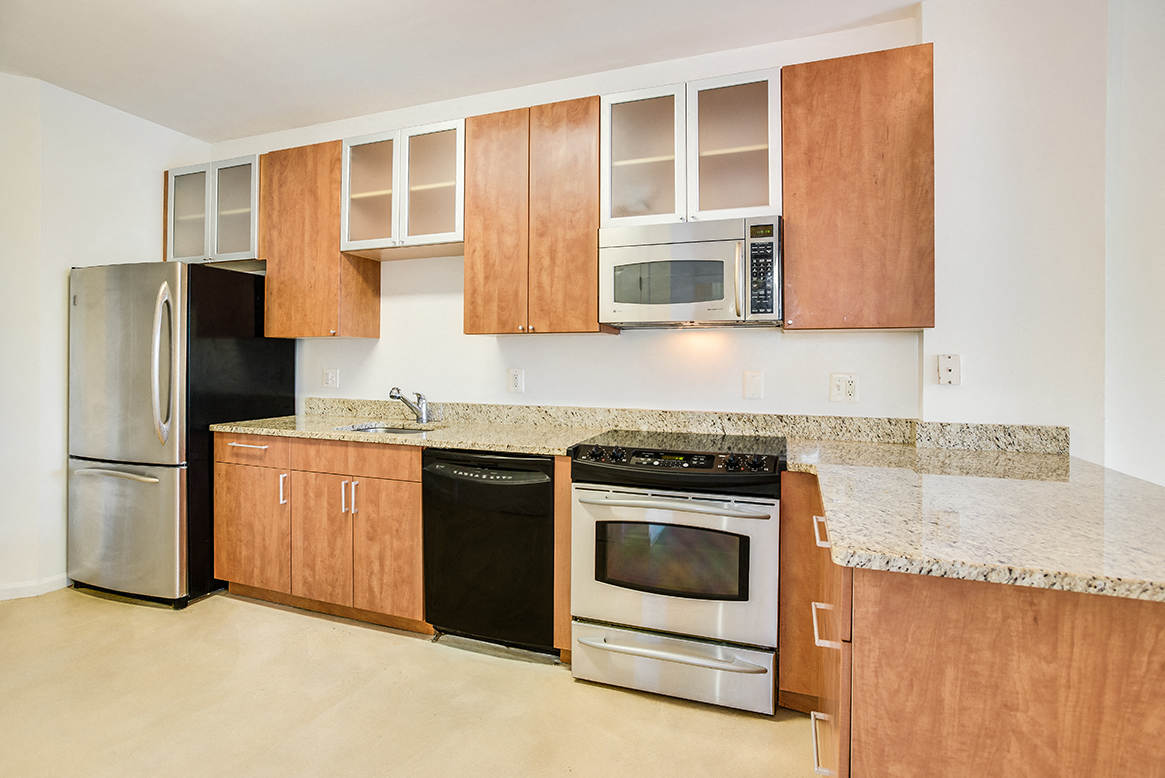 Renovated kitchen with granite countertops  at Kalorama Park, Washington, DC 20009and stainless steel appliances