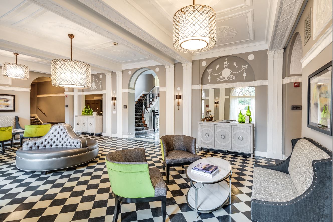 Building lobby and seating area  at Kew Gardens, Washington, 20007