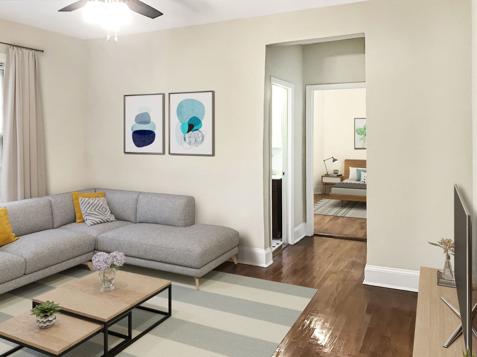 Two-bedroom apartment living area (virtually staged)  at Kew Gardens, Washington, 20007