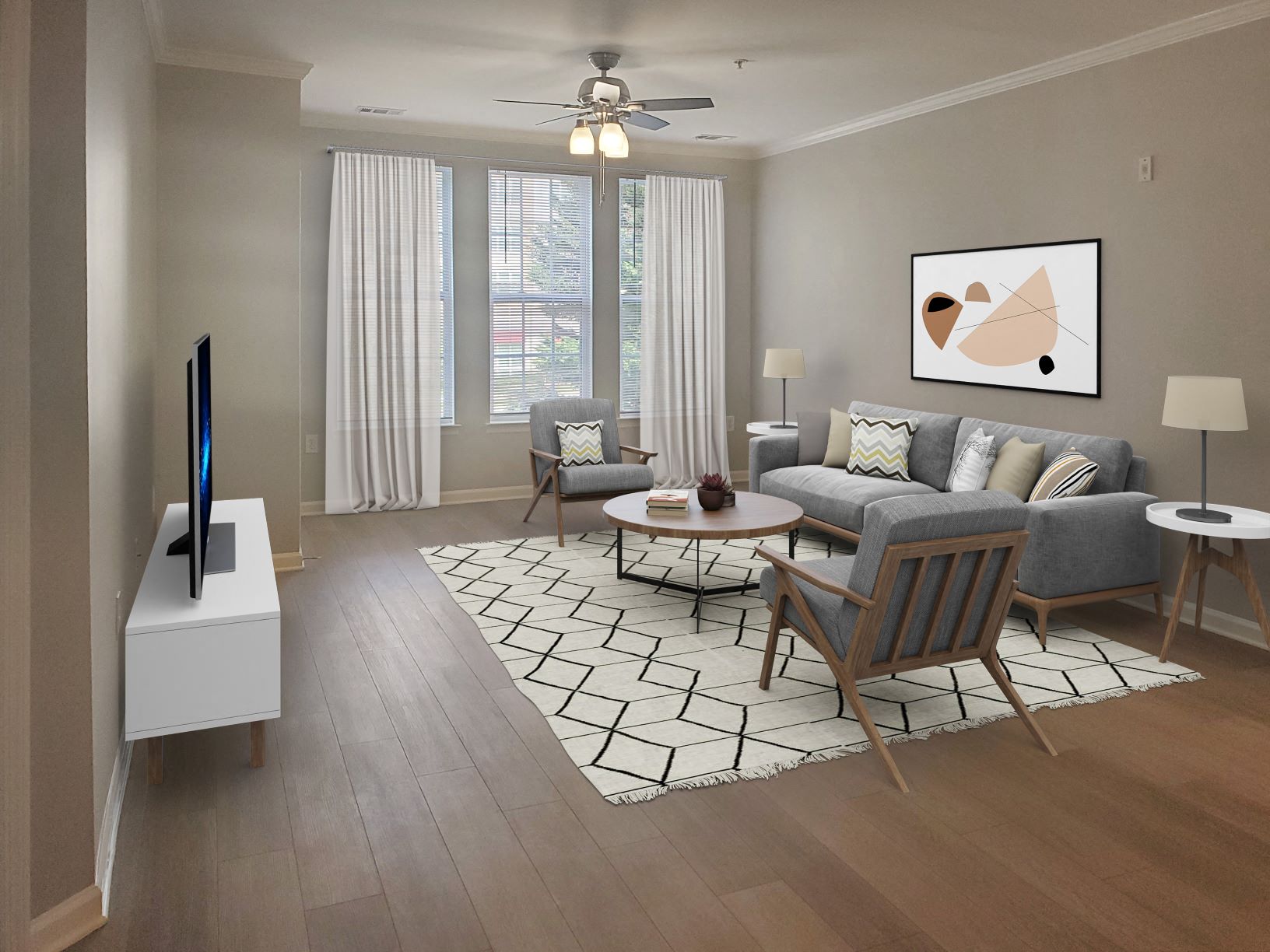 a living room with a couch and a table